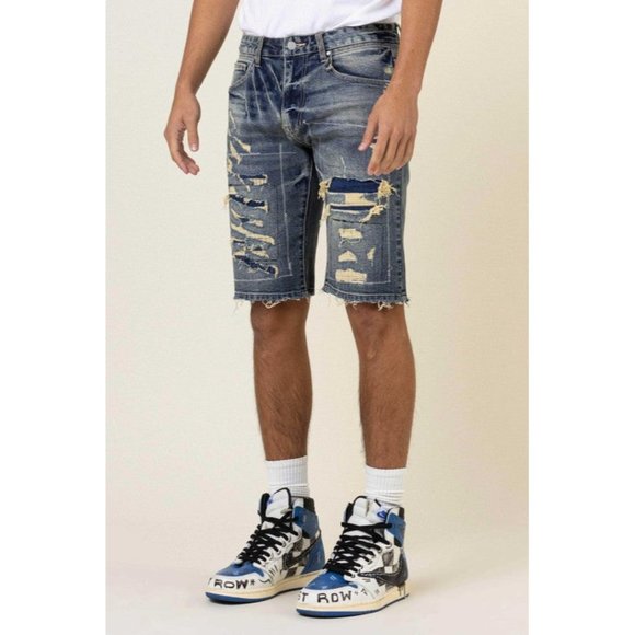 FIRST ROW CASUAL PANTS SHORT SUMER BORO STITCH HEAVY RIP&REPAIR DENIM SHORTS - Picture 4 of 10